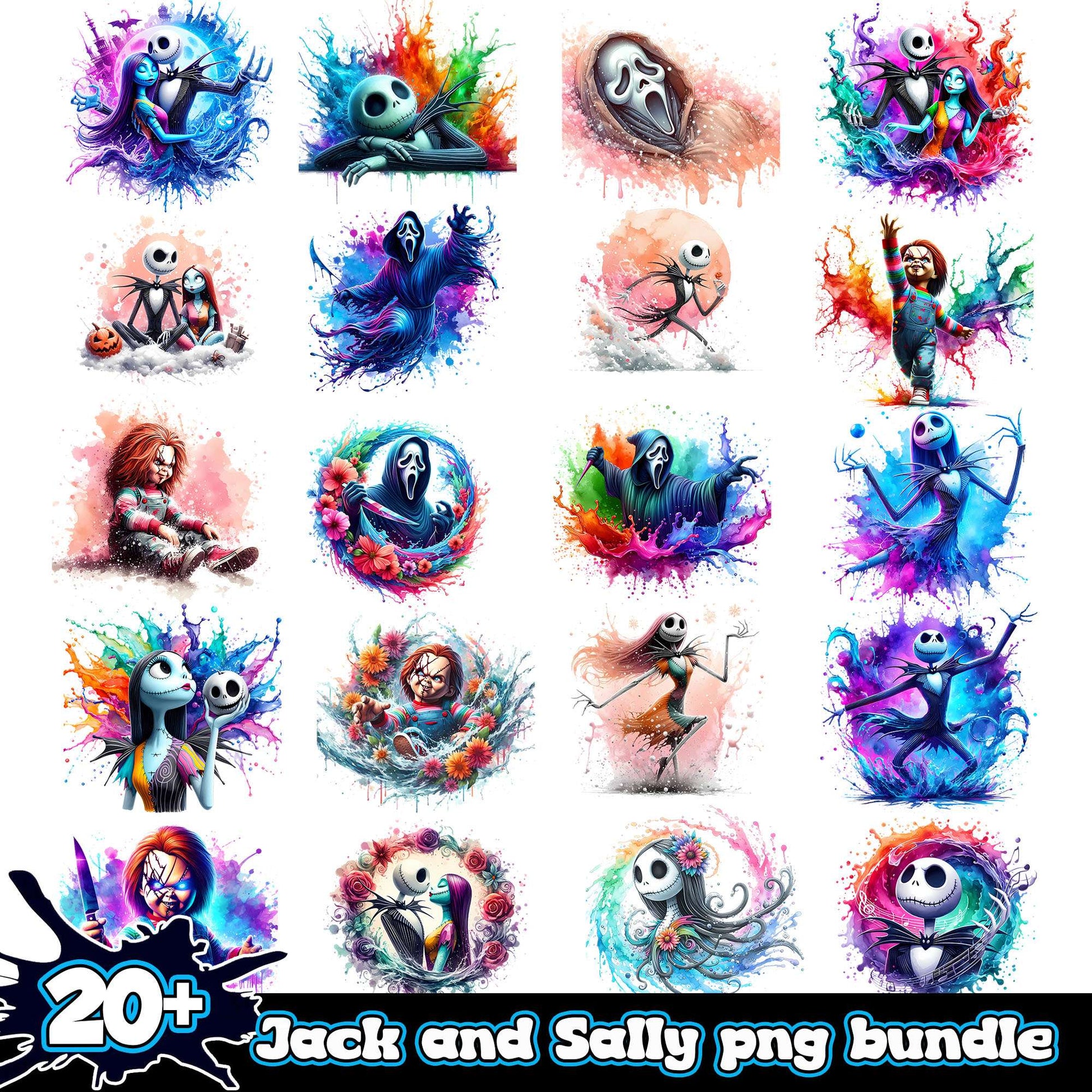 Jack and sally watercolor bundle png, character horror movie​​ png