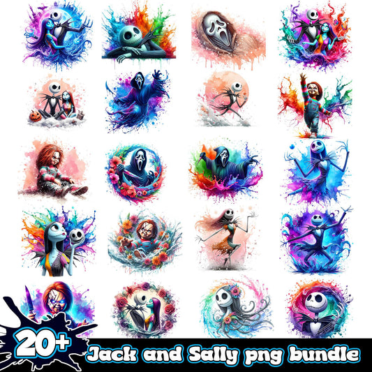 Jack and sally watercolor bundle png, character horror movie​​ png