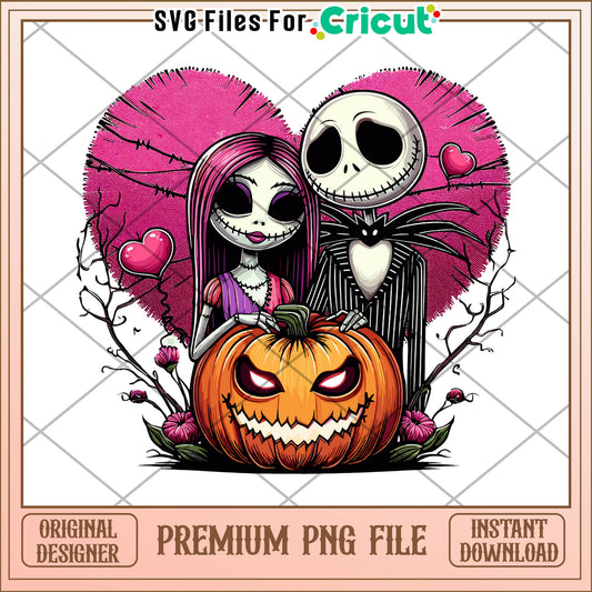Jack and sally halloween heart png, halloween characters png, cute halloween design png