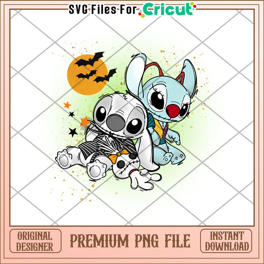 Jack and sally stitch png, halloween pumpkins​ png, cute stitch png