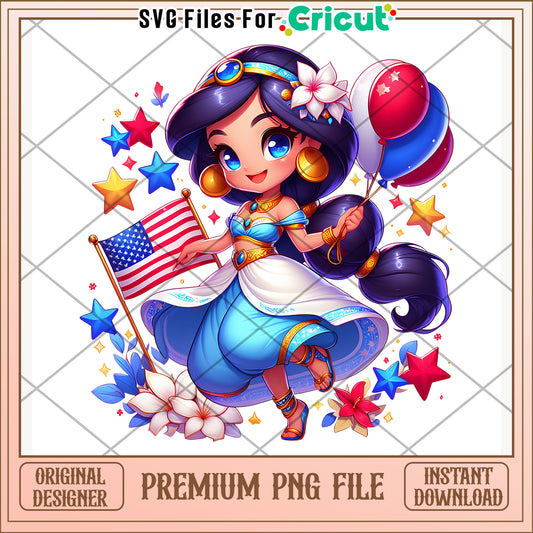 Jasmine cute princess png, disney character png, 4th of july png