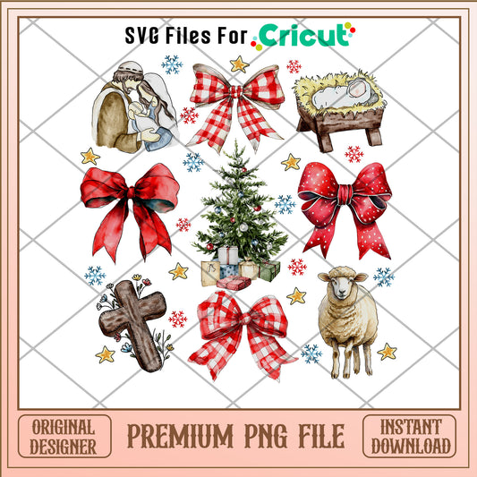 Jessus doodle png, christmas tree png, christmas bow png