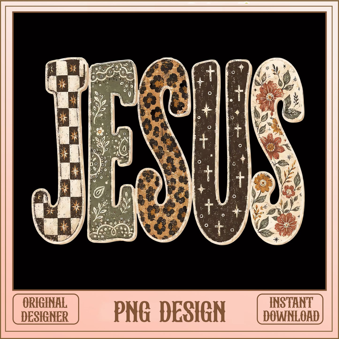 Jesus Leopard Floral PNG, Christian Cross Design, Boho PNG