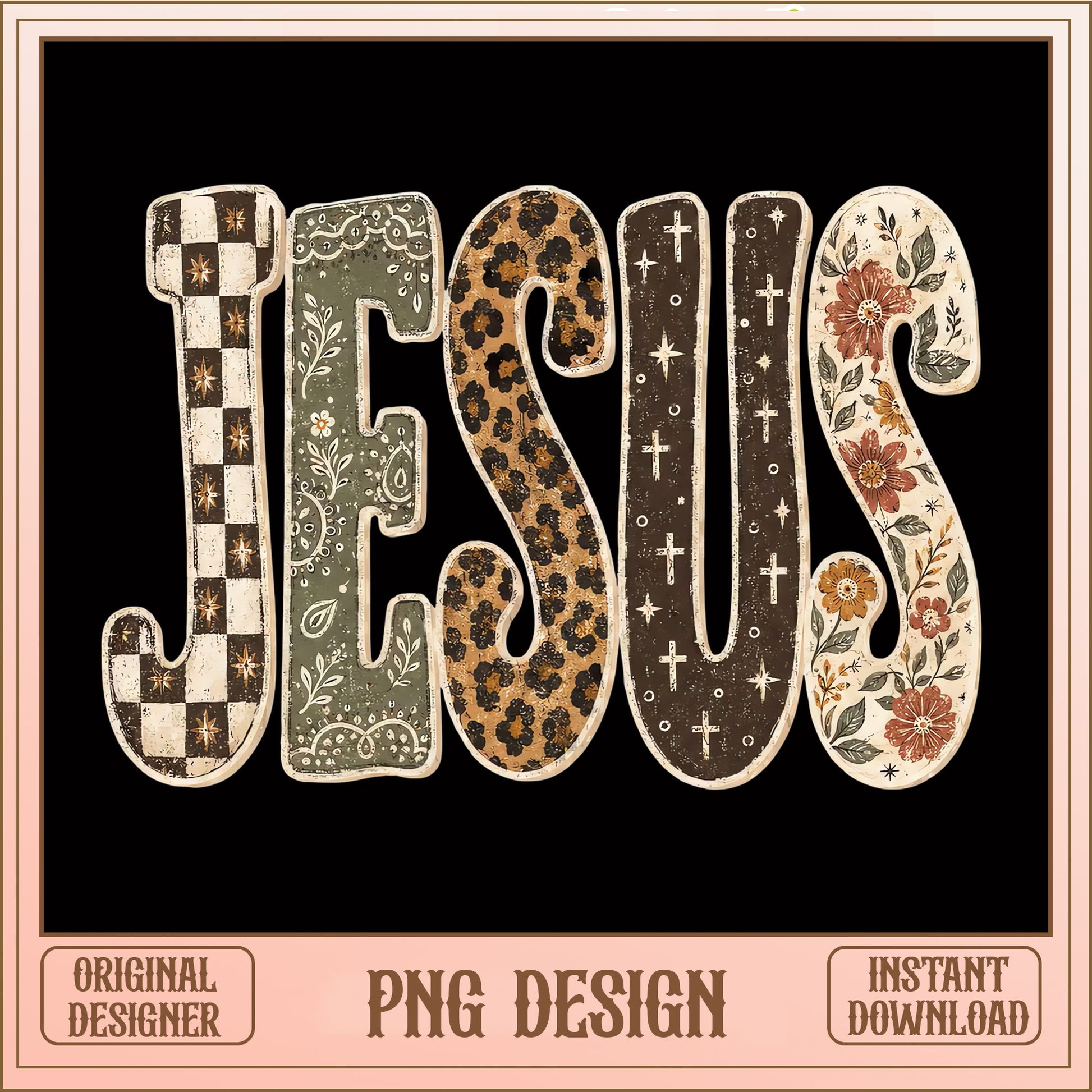 Jesus Leopard Floral PNG, Christian Cross Design, Boho PNG