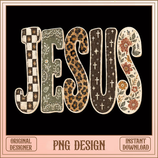 Jesus Leopard Floral PNG, Christian Cross Design, Boho PNG