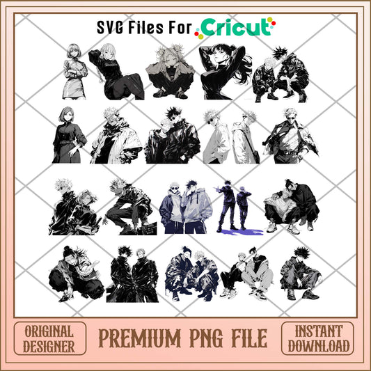 Jujutsu Kaisen Chibi black and white png bundle, Anime Chibi movies bundle