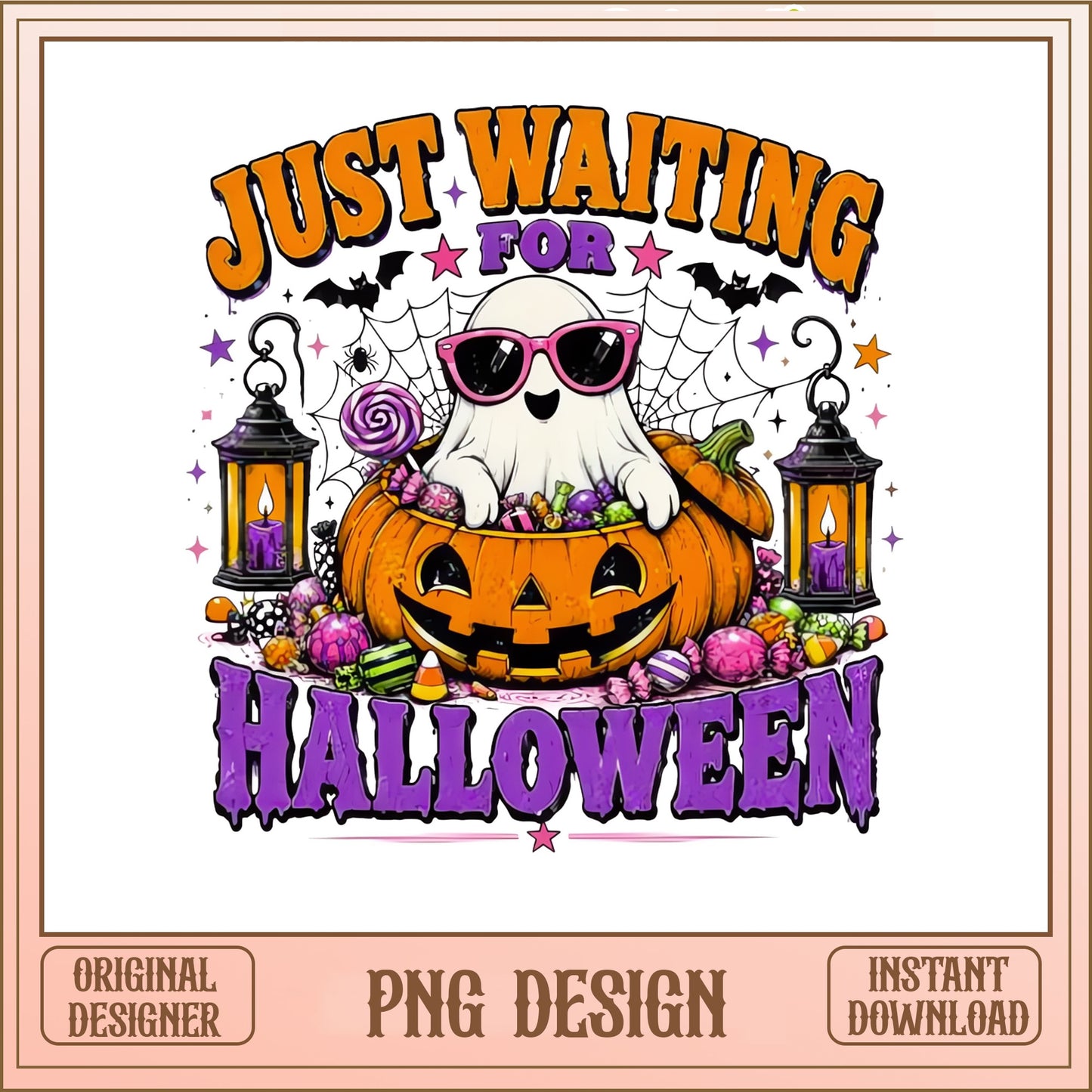 Just Waiting For Halloween PNG, Cute Ghost Pumpkin PNG, Halloween PNG