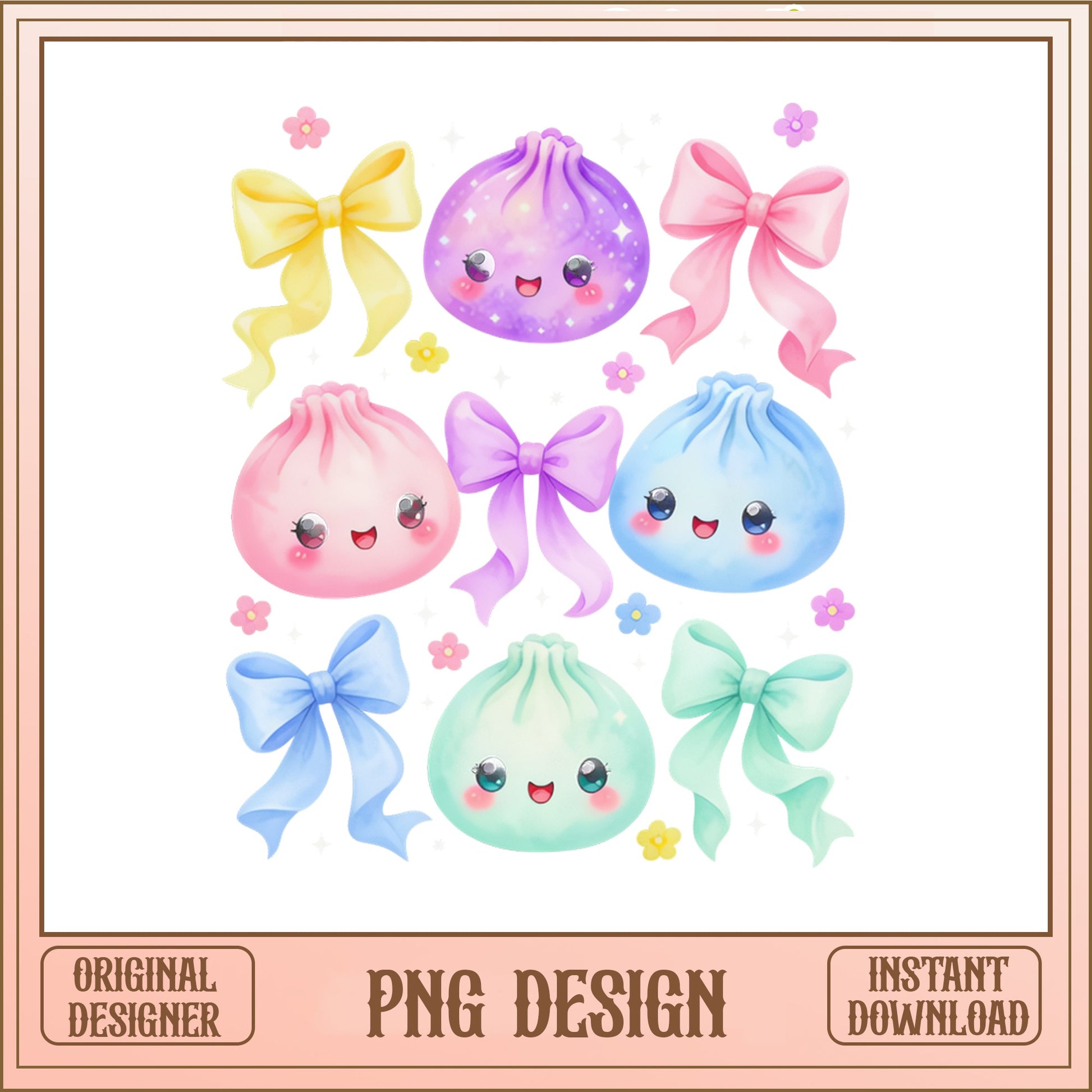 Kawaii Dumpling Bow PNG Bundle, Coquette Clipart PNG, Cute Dumpling PNG
