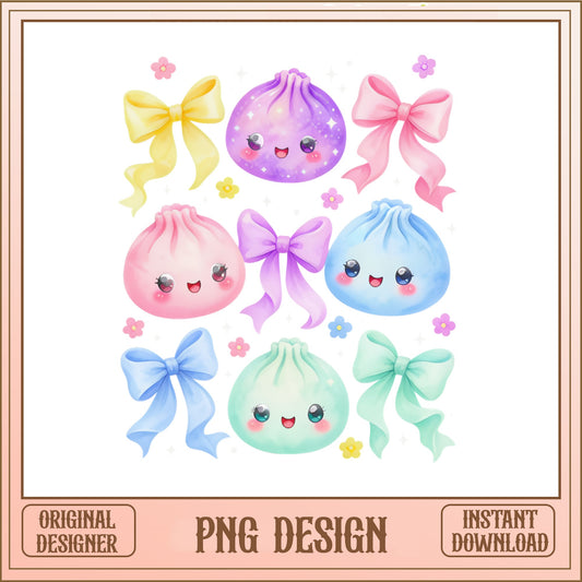Kawaii Dumpling Bow PNG Bundle, Coquette Clipart PNG, Cute Dumpling PNG