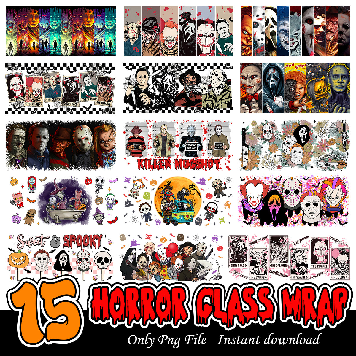 Horror Killer Friends Glass Wrap 16oz Png, Horror killers glass wrap can bundle