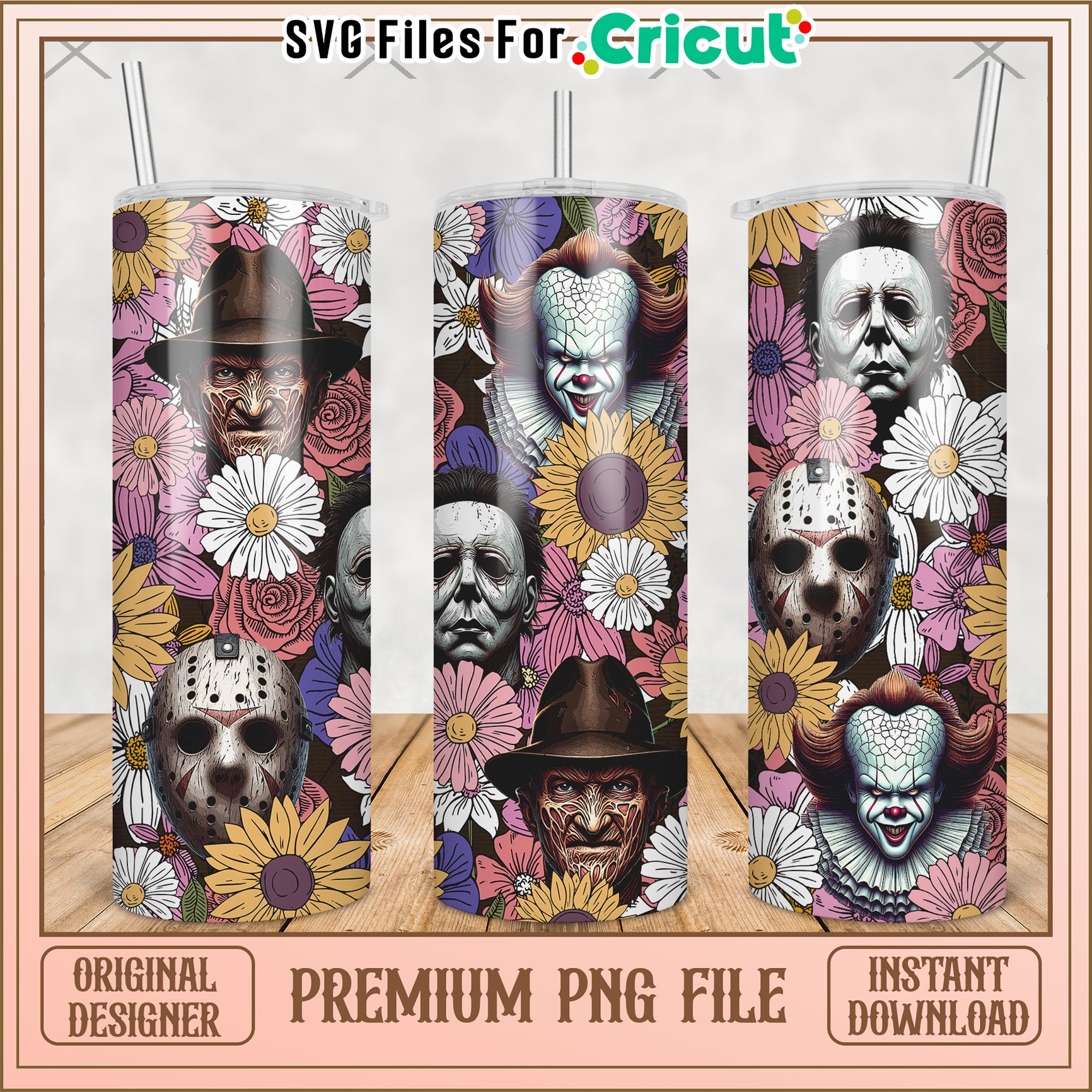Killers and flowers tumbler png, halloween cartoon png, halloween tumbler png