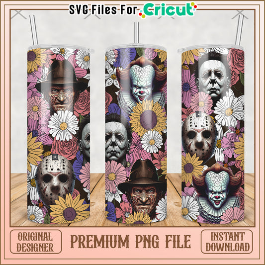 Killers and flowers tumbler png, halloween cartoon png, halloween tumbler png