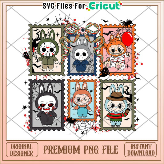Killers costumes labubu png, halloween characters png, halloween season png