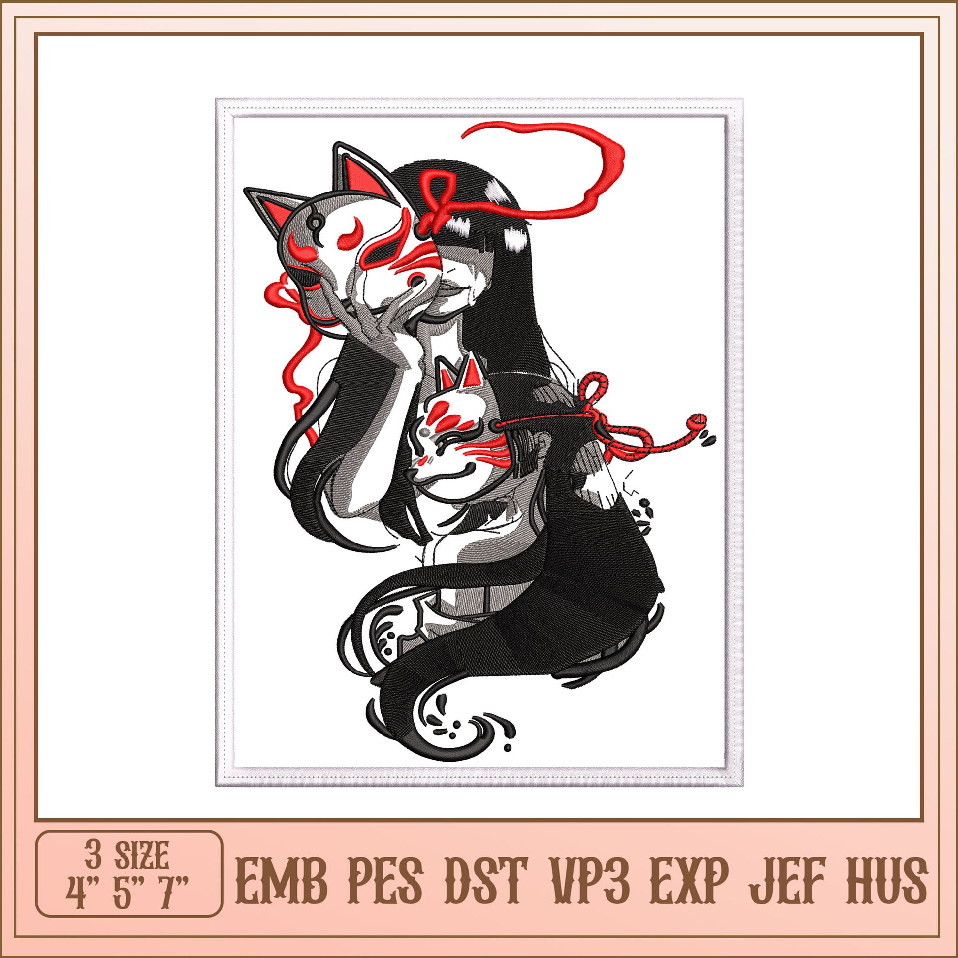 Kitsune Mask Girl Embroidery Design