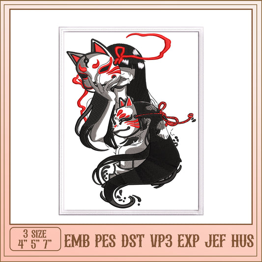 Kitsune Mask Girl Embroidery Design