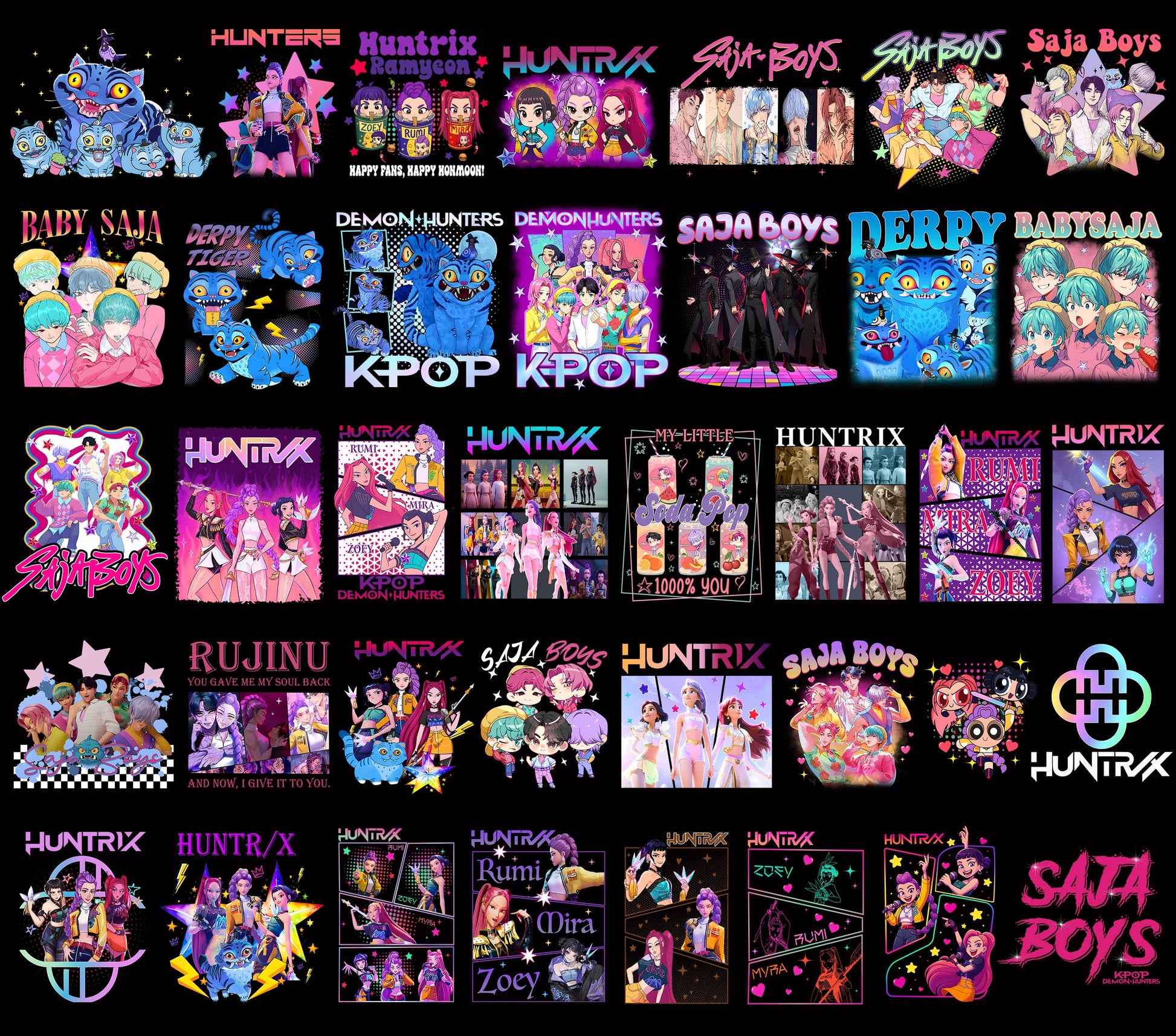 Kpop band cartoon bundle png, cute idol group art bundle png, animated music star design bundle png