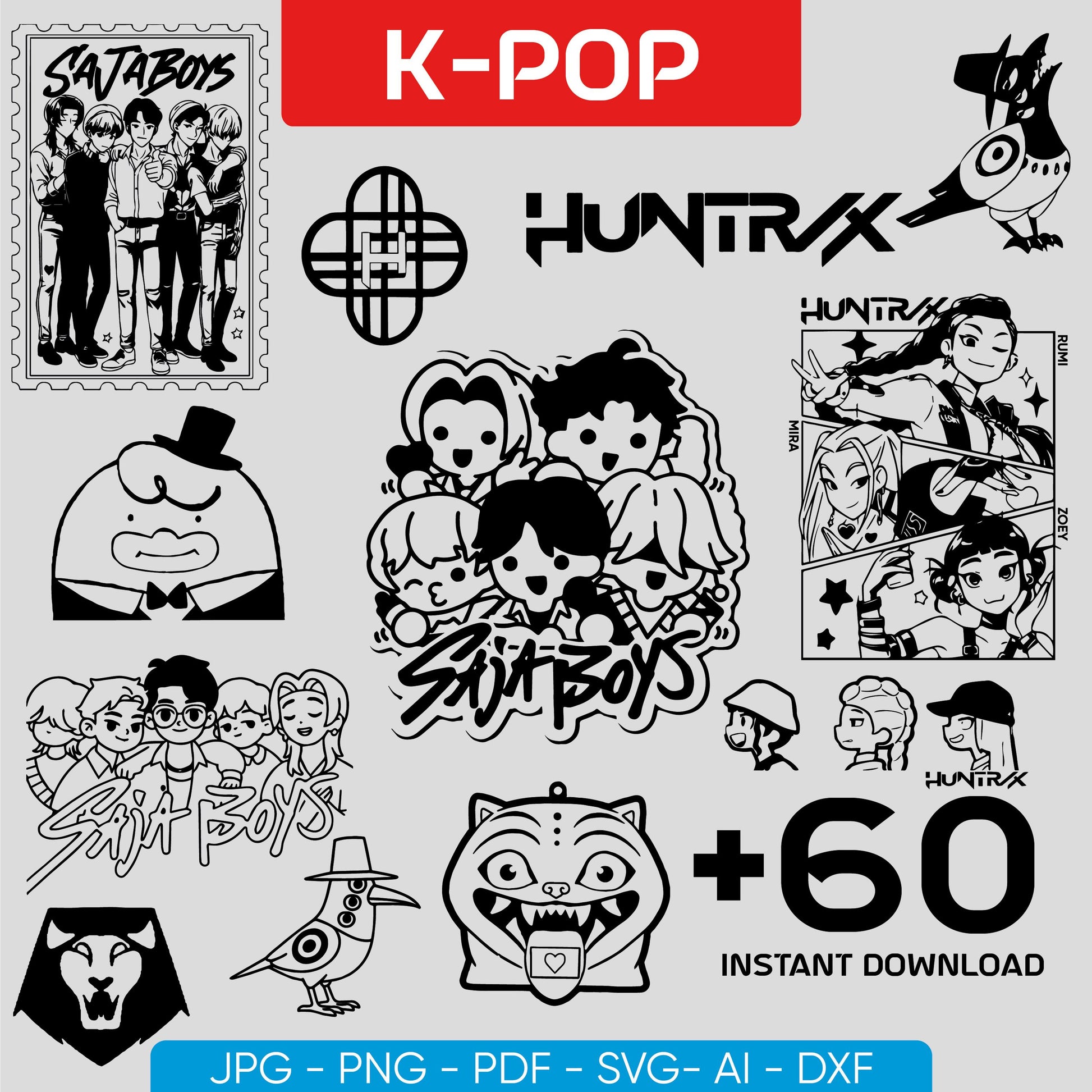 Kpop demon hunter black design bundle svg, idol warrior aesthetic bundle svg