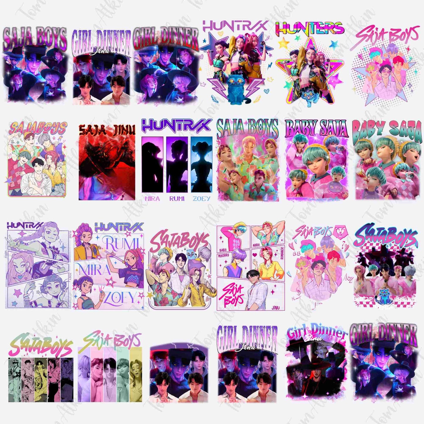Kpop demon hunters characters bundle png, stylish anime idol bundle png, trending fantasy kpop bundle png