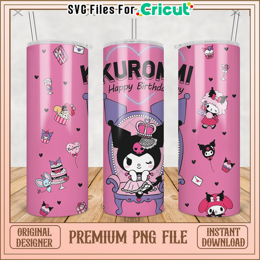 Kuromi happy birthday tumbler design png, cute cartoon png, hello kitty​ png