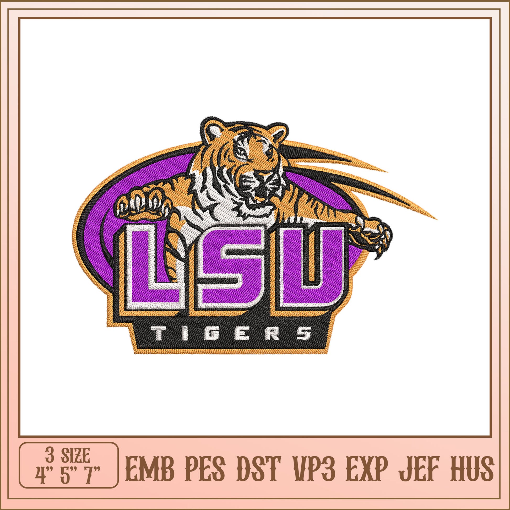 LSU Tigers Embroidery Design 4x7 Inch