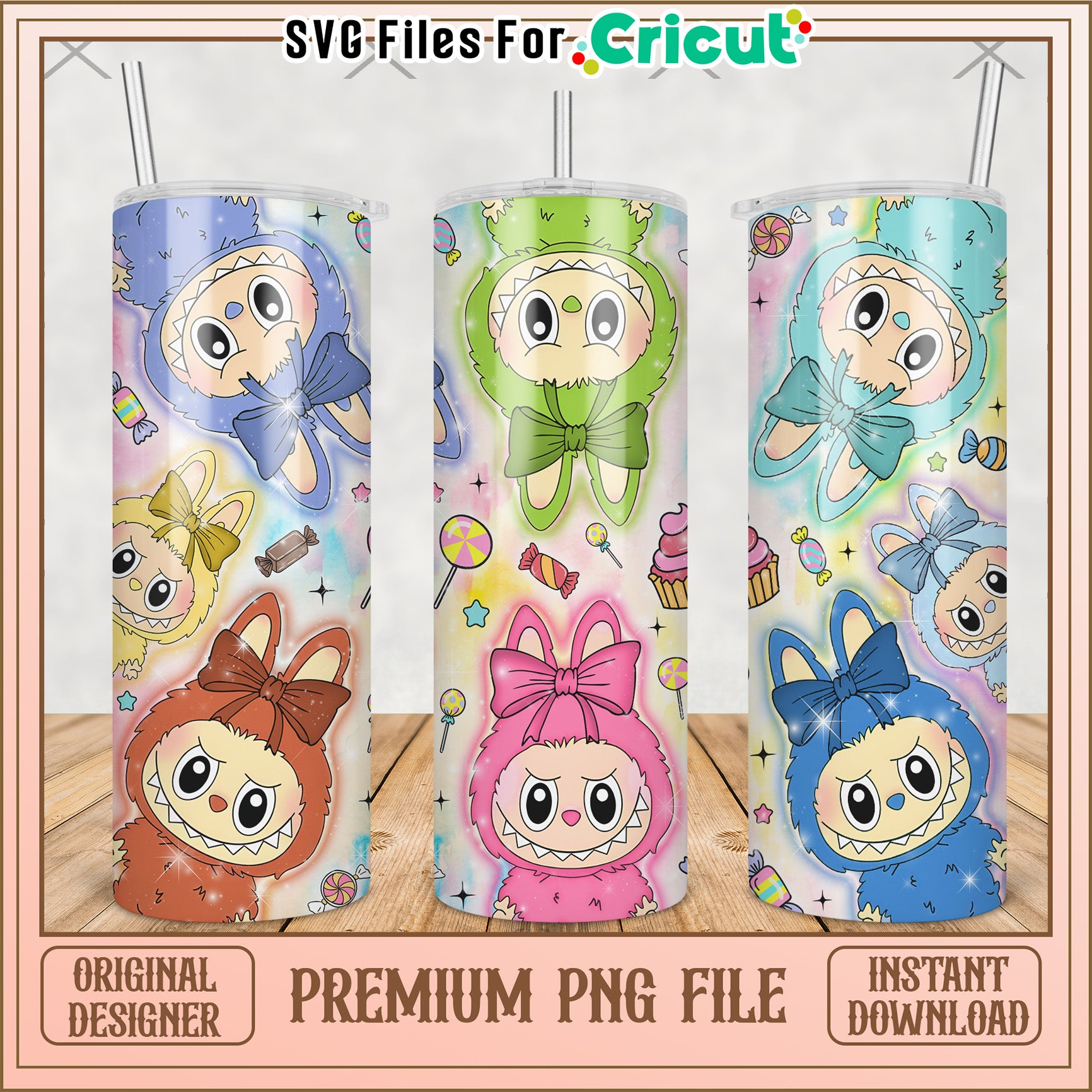 Labubu characters tumbler design png, labubu macaron​ png, the monsters labubu​ png