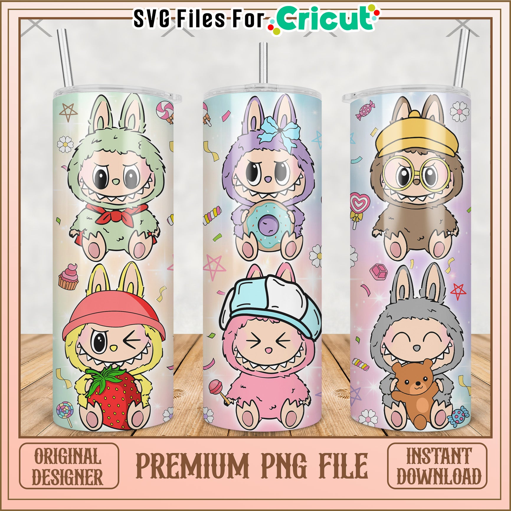 Labubu characters tumbler illustration png, labubu macaron​ png, the monsters labubu​ png