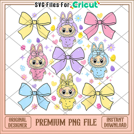 Labubu easter coquette bow cute doll for kids girls png, popmart labubu png