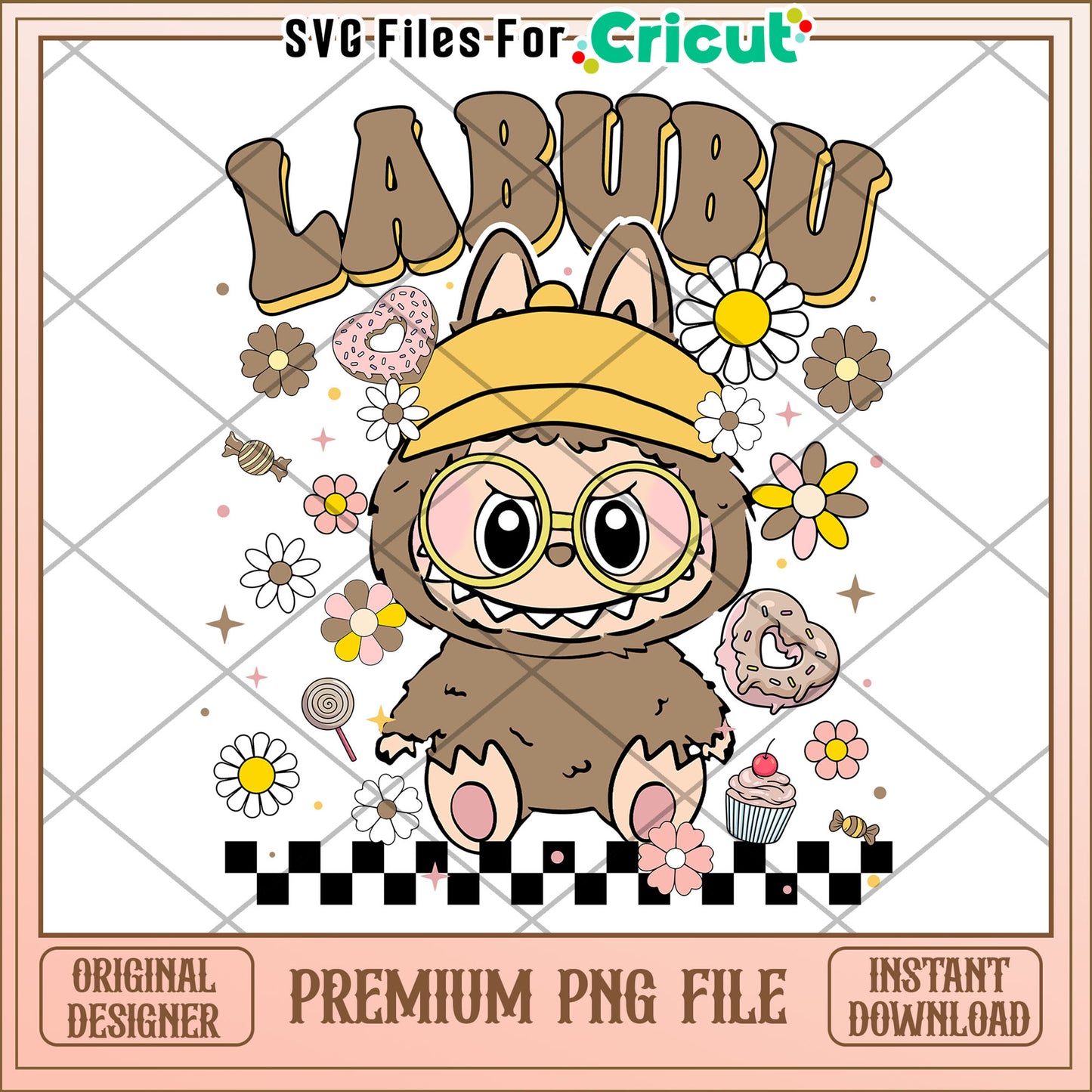 Labubu funny brown flowers design png,  labubu cartoon png, labubu popmart png