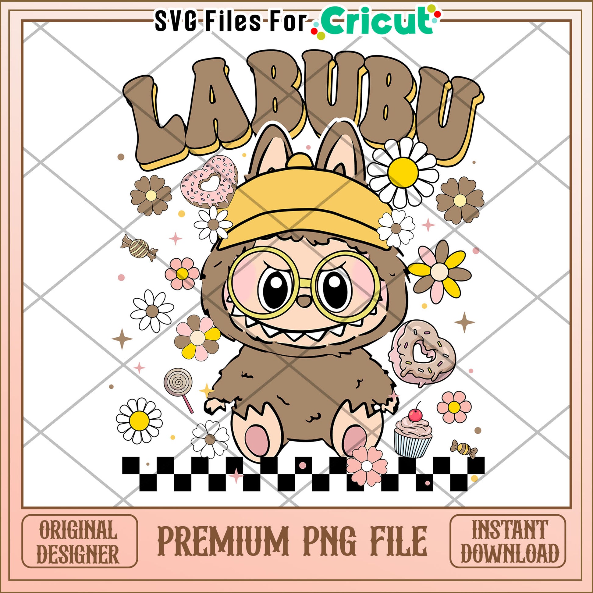 Labubu funny brown flowers design png,  labubu cartoon png, labubu popmart png