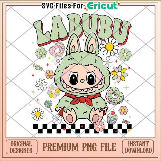Labubu funny green flower design png,  labubu cartoon png, labubu popmart png