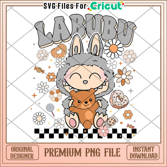 Labubu funny grey flowers design png,  labubu cartoon png, labubu popmart png
