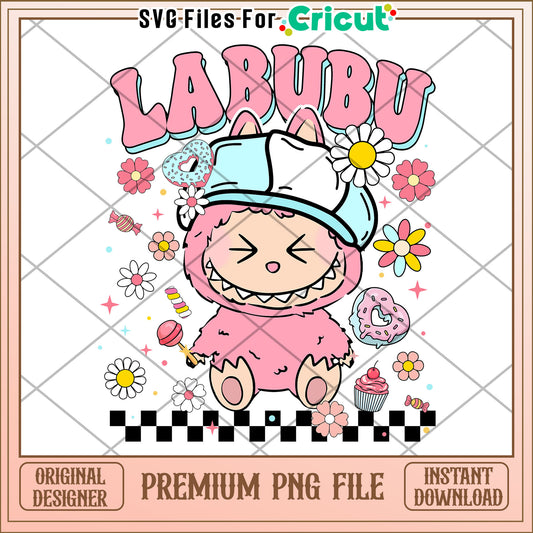 Labubu funny pink flowers design png,  labubu cartoon png, labubu popmart png