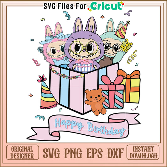Labubu happy birthday design svg, birthday party labubu svg, cute labubu celebration svg