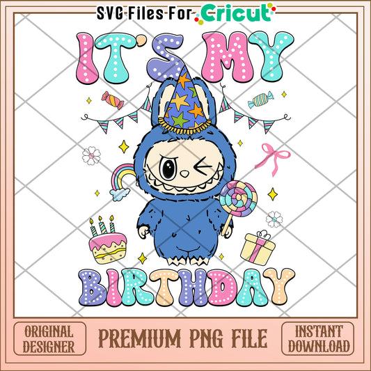 Labubu it's my birthday blue characters design png, labubu popmart png, labubu​ png