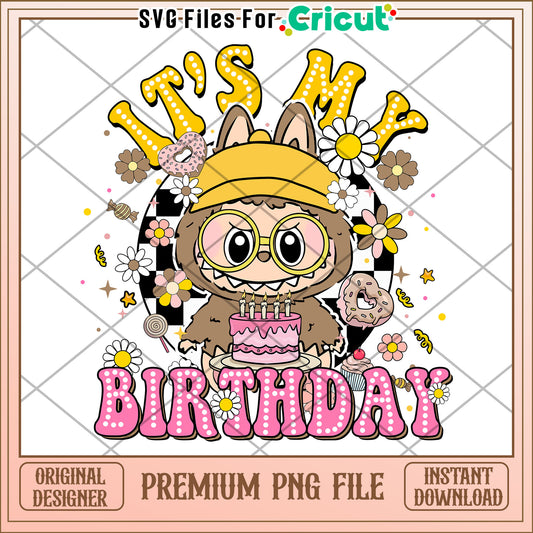 Labubu it's my birthday brown  design png,  labubu cartoon png, labubu popmart png