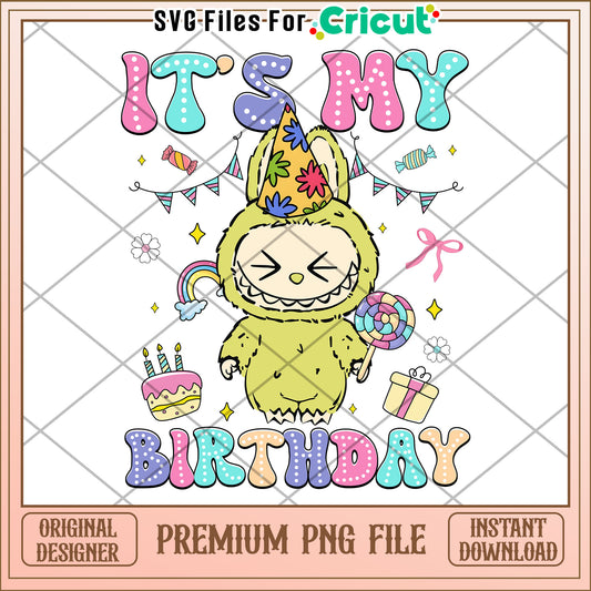 Labubu it's my birth day green characters design png, labubu popmart png, labubu​ png