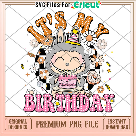 Labubu it's my birthday grey design png,  labubu cartoon png, labubu popmart png