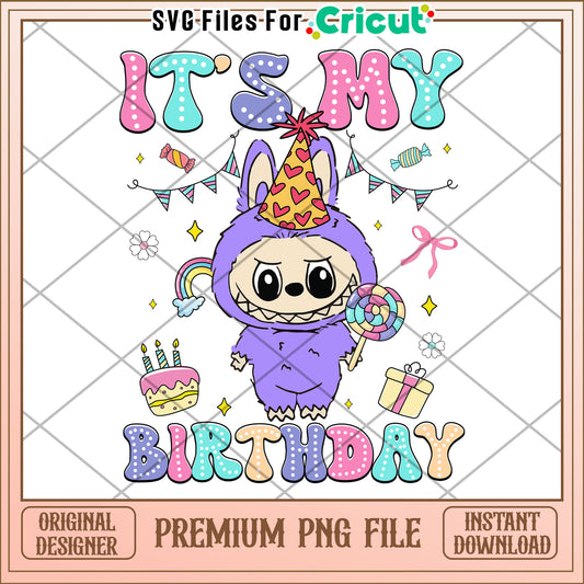Labubu it's my birthday purple characters design png, labubu popmart png, labubu​ png