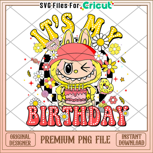 Labubu it's my birthday yellow design png,  labubu cartoon png, labubu popmart png