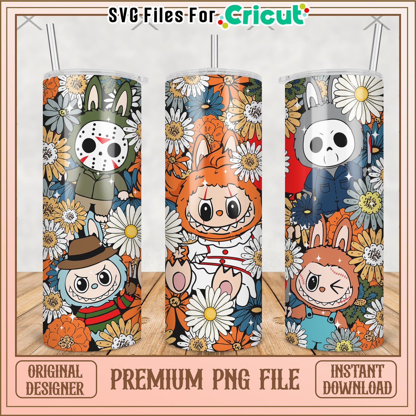 Labubu killers and flowers tumbler png, horror movie png, halloween tumbler png
