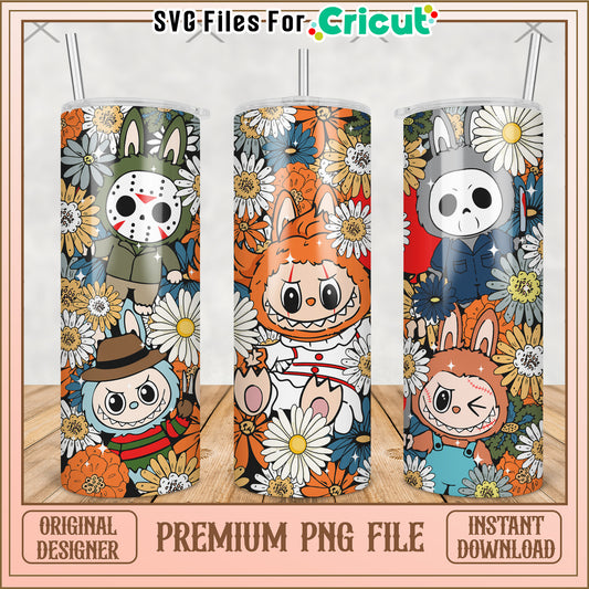 Labubu killers and flowers tumbler png, horror movie png, halloween tumbler png