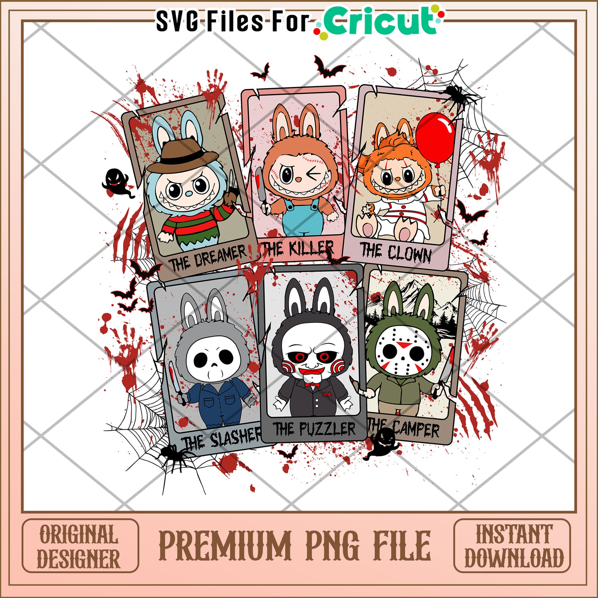 Labubu killers picture frame png, halloween characters png, halloween season png