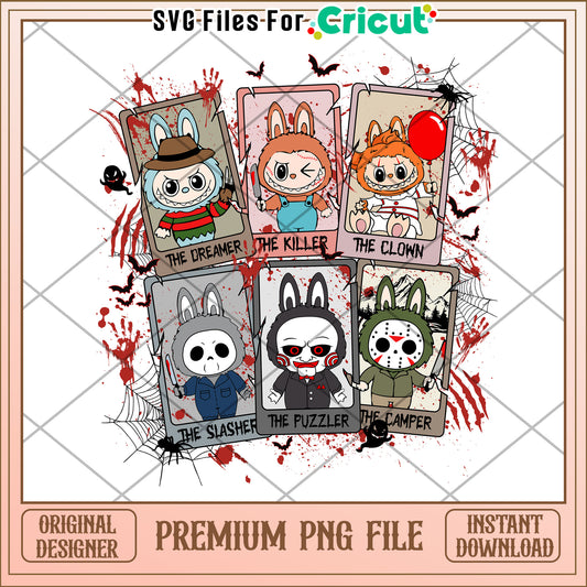 Labubu killers picture frame png, halloween characters png, halloween season png