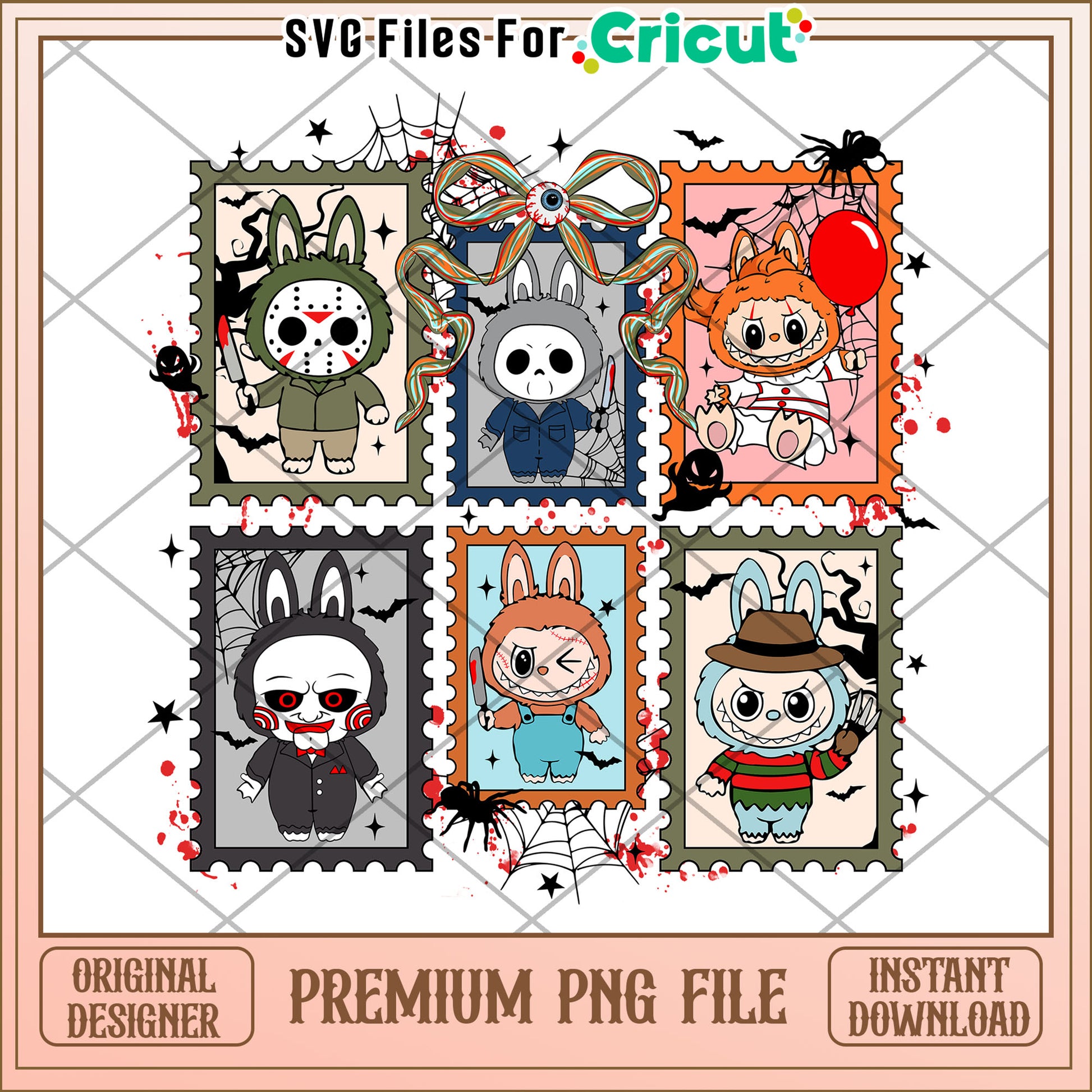 Labubu killers picture frame png, trick or treat png, halloween characters png
