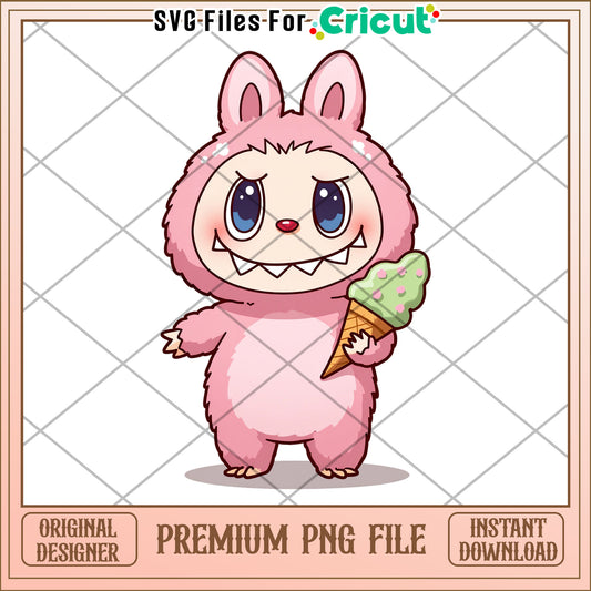 Labubupink characters with ice cream illustrtion png, labubu secret png, cartoon labubu png