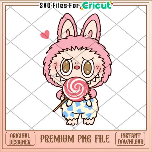 Labubu pink lolipop illustrtion png, labubu secret png, cartoon labubu png
