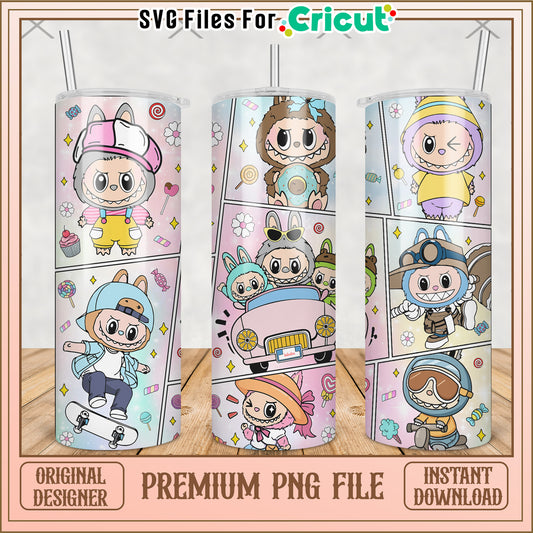 Labubu playing outside tumbler png, labubu macaron​ png, the monsters labubu​ png