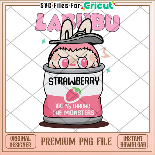 Labubu strawberry can funny design png, cute labubu png