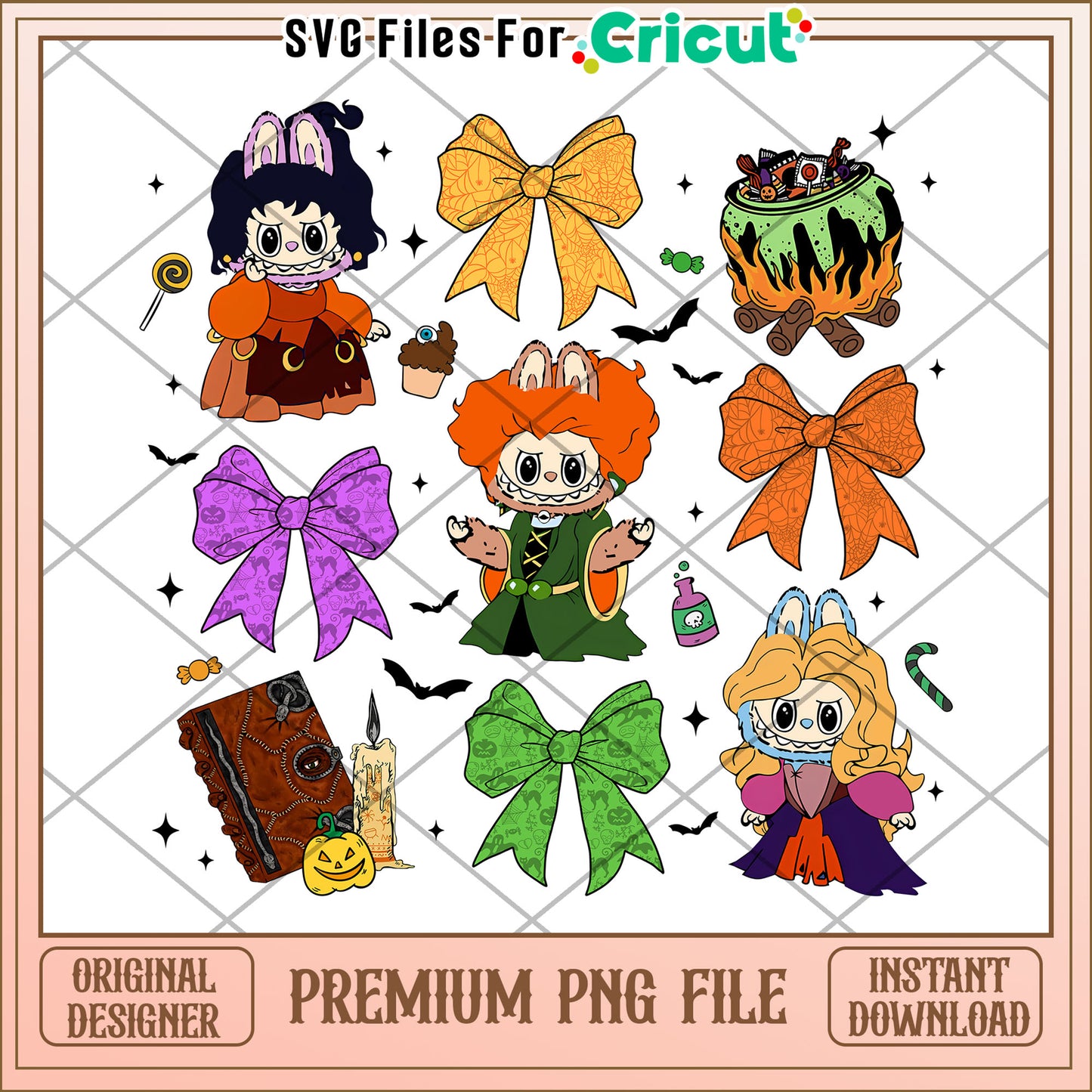 Labubu three witches's sisters png, halloween toys png, halloween characters png