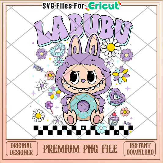 Labubu violet flowers funny design png,  labubu cartoon png, labubu popmart png